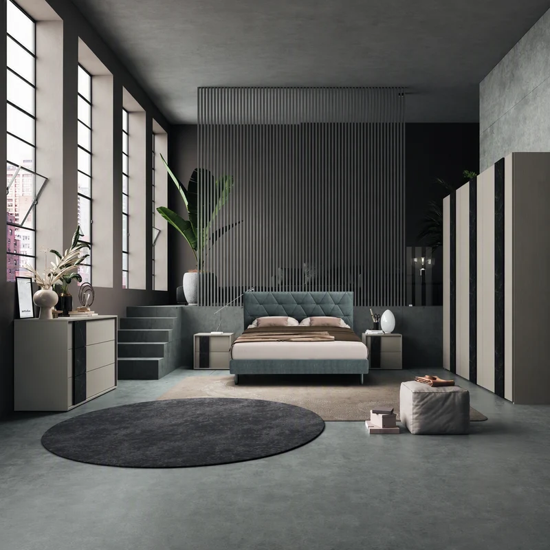 Camera da letto completa colore canapa frassinato e dettagli marmo nero - Moni