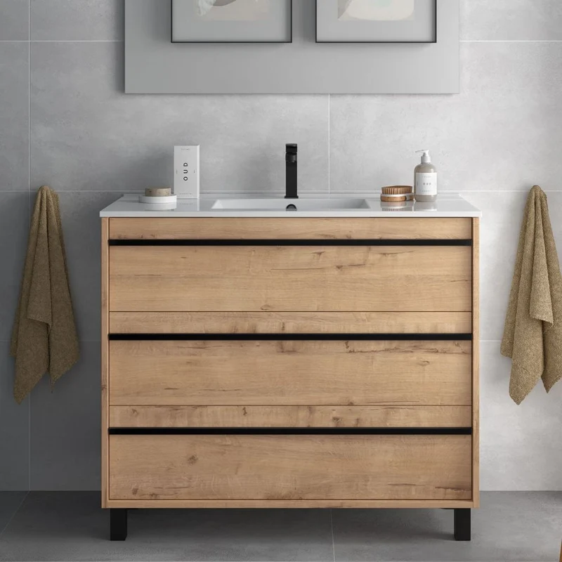 Mobile bagno sospeso 100 cm colore rovere ostippo con lavabo in porcellana - Lyssa