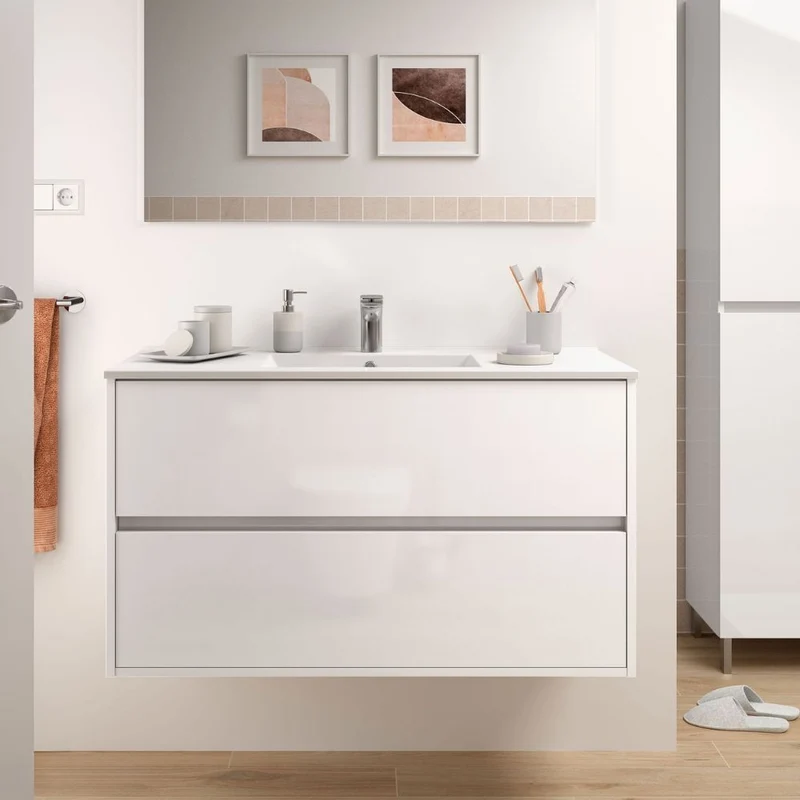 Mobile bagno sospeso 100 cm Iridesa in legno colore bianco laccato lucido con lavabo