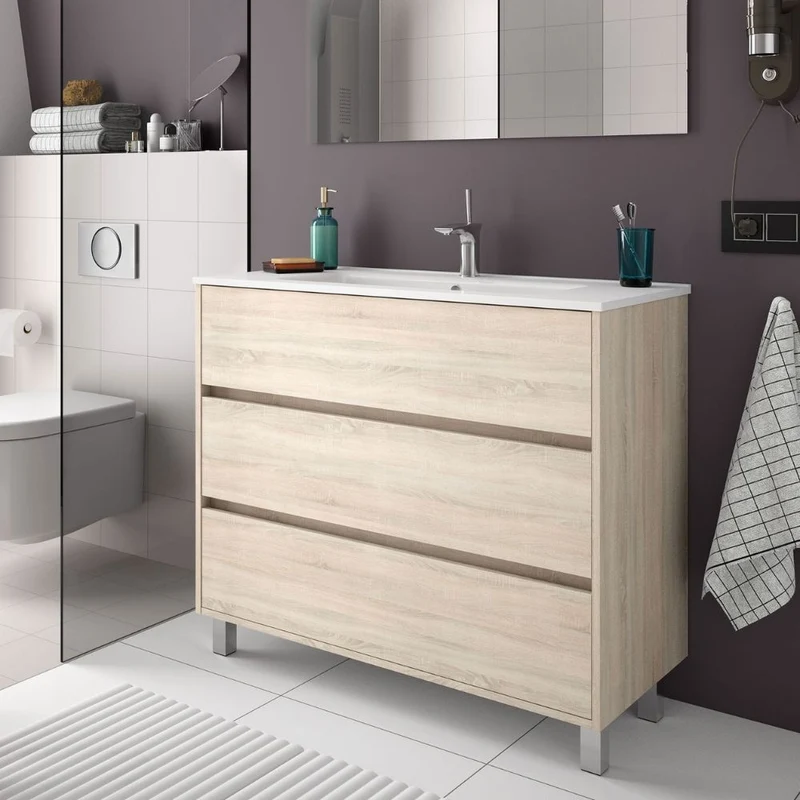 Mobile bagno a terra colore rovere caledonia con lavabo porcellana 101 cm - Zenith