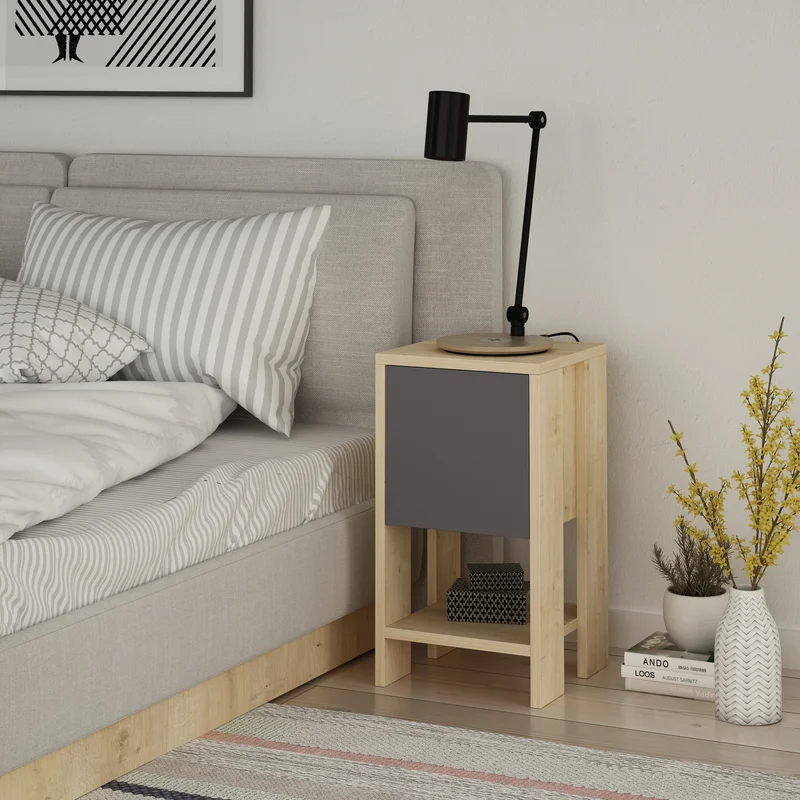 Comodino con anta ribalta colore rovere e antracite 30x55H cm - Ema
