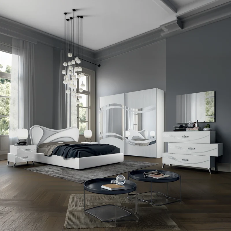 Camera da letto completa colore bianco frassinato decorazioni argento - Delia