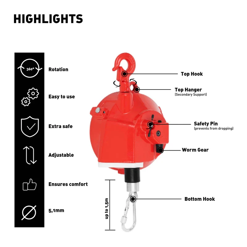 Enrouleur équilibreur de charge à ressort compensateur avec arrêt 15 - 22 kg 1,5 m (15 - 22 kg, longueur de câble : 1,5 m, diamètre du câble : 5,1 mm) 14_0006791