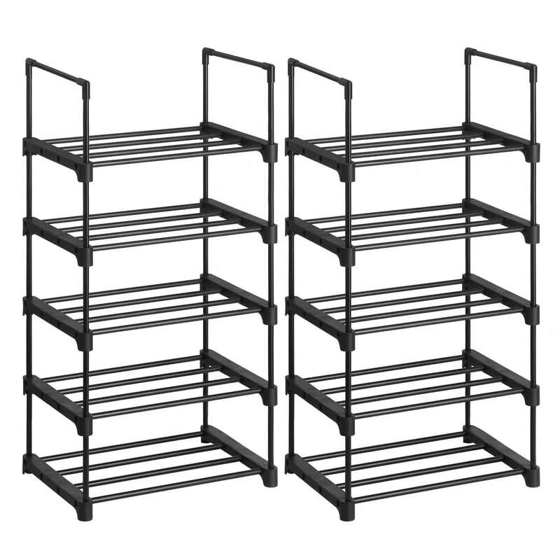 Étagères à chaussures à 5 niveaux lot de 2 porte-chaussures en métal empilable peu encombrant rangement de chaussures multifonctionnel pour entrée chambre salon noir 12_0002616