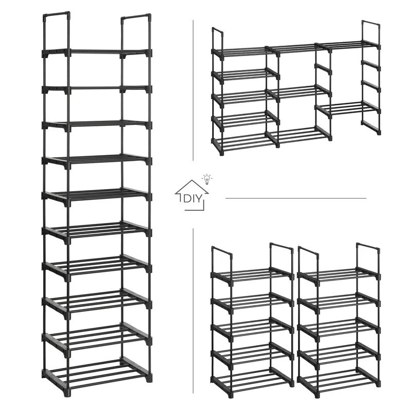 Étagères à chaussures à 5 niveaux lot de 2 porte-chaussures en métal empilable peu encombrant rangement de chaussures multifonctionnel pour entrée chambre salon noir 12_0002616