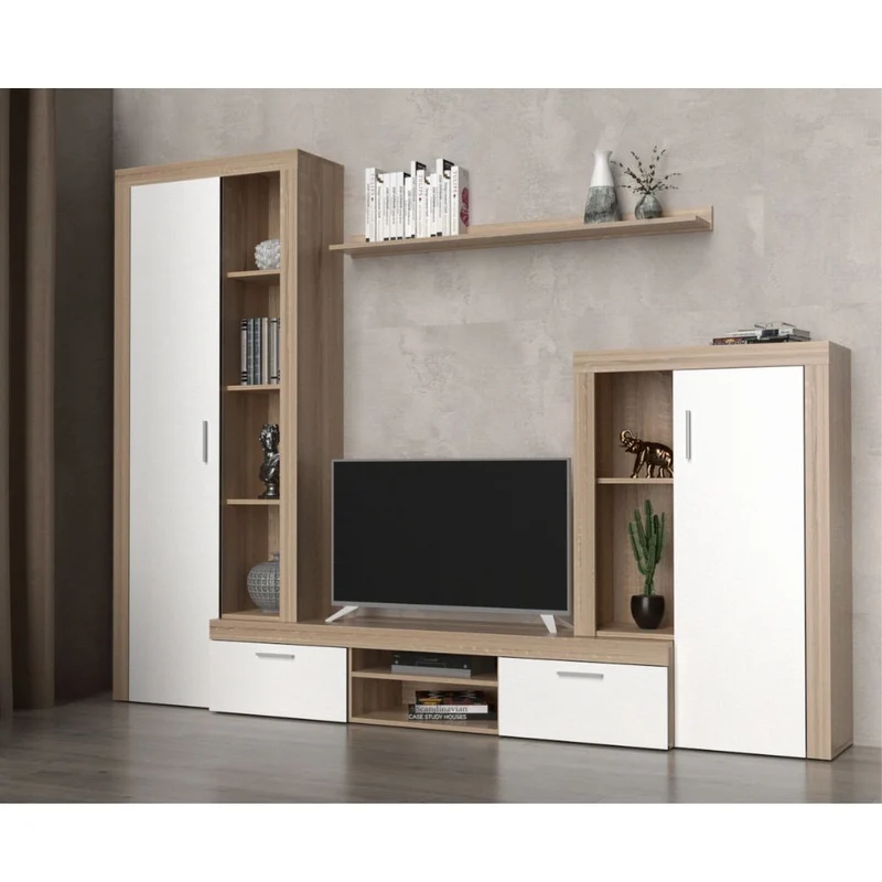 Parete attrezzata 263 cm in legno colore rovere sonoma e bianco - Nobel