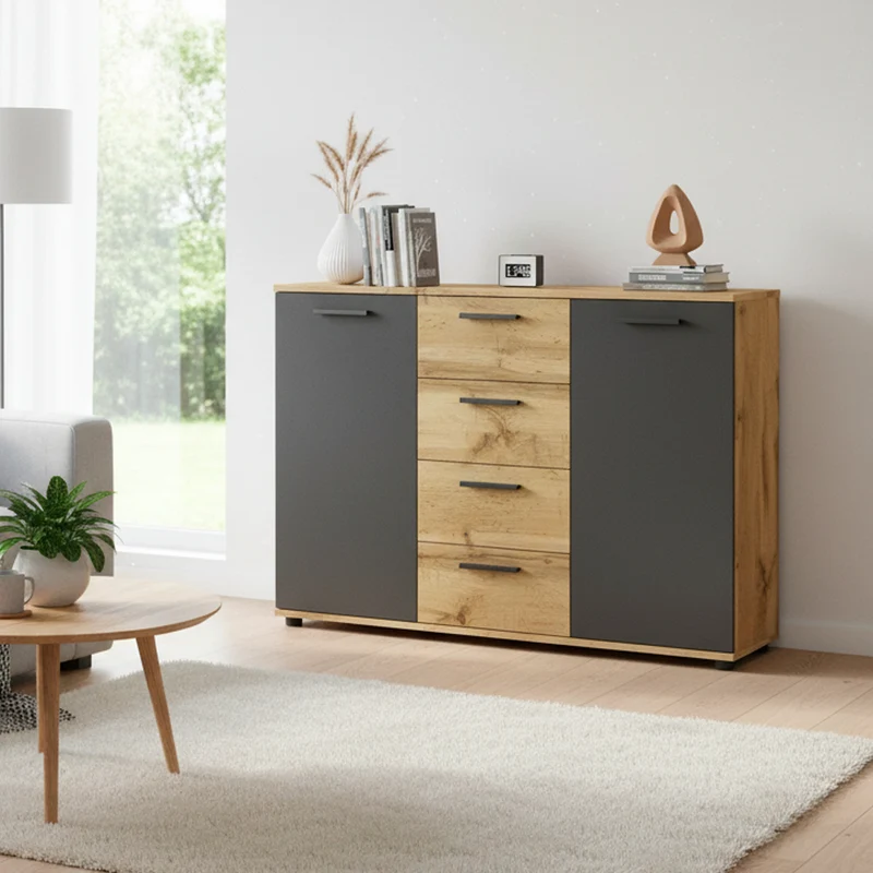 Credenza in legno con ante e cassetti colore rovere e antracite 120 cm - Berno