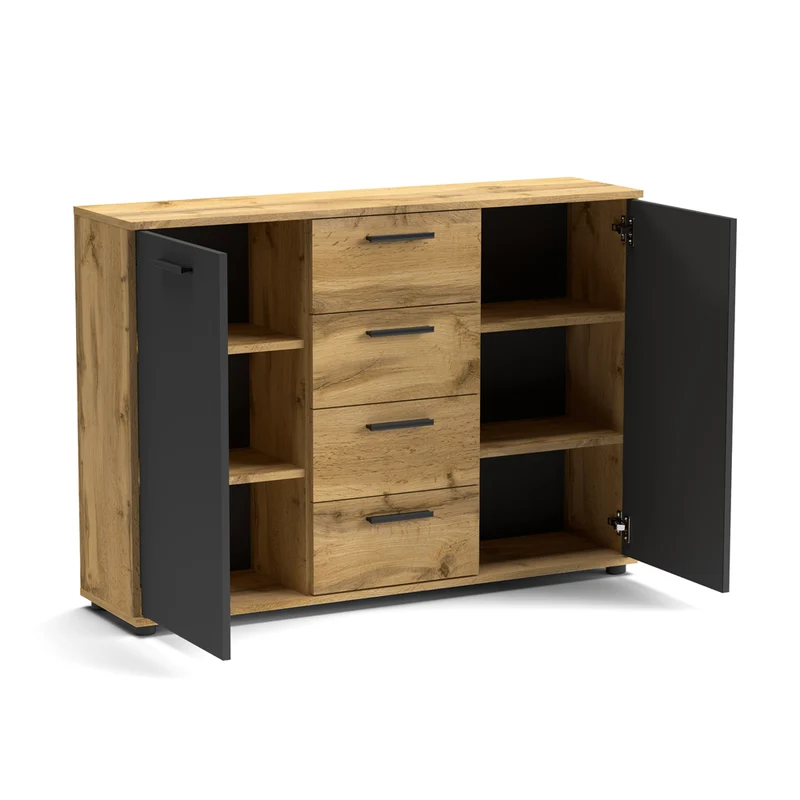 Credenza in legno con ante e cassetti colore rovere e antracite 120 cm - Berno