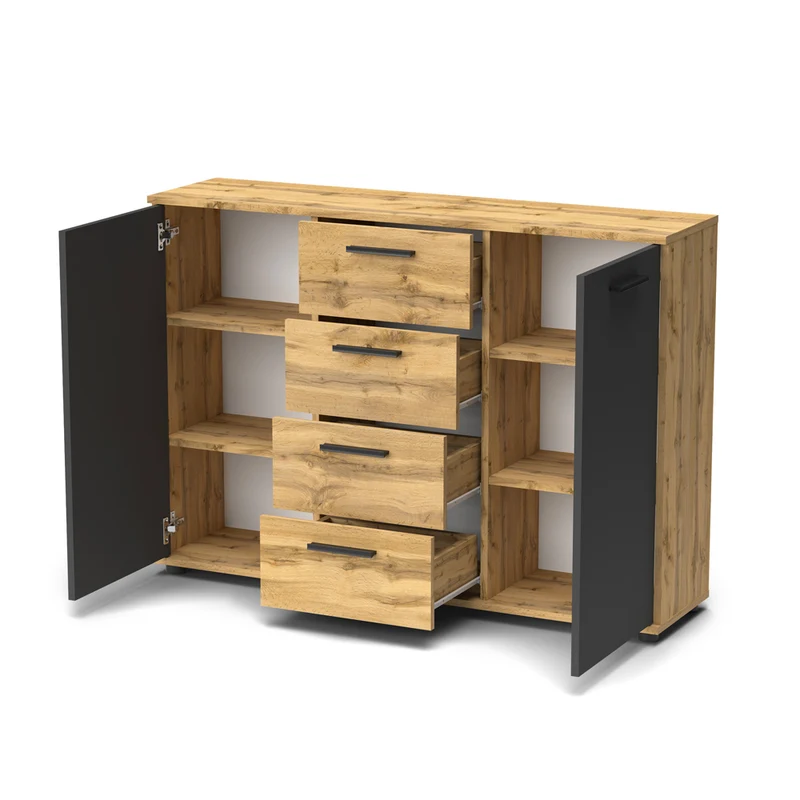 Credenza in legno con ante e cassetti colore rovere e antracite 120 cm - Berno
