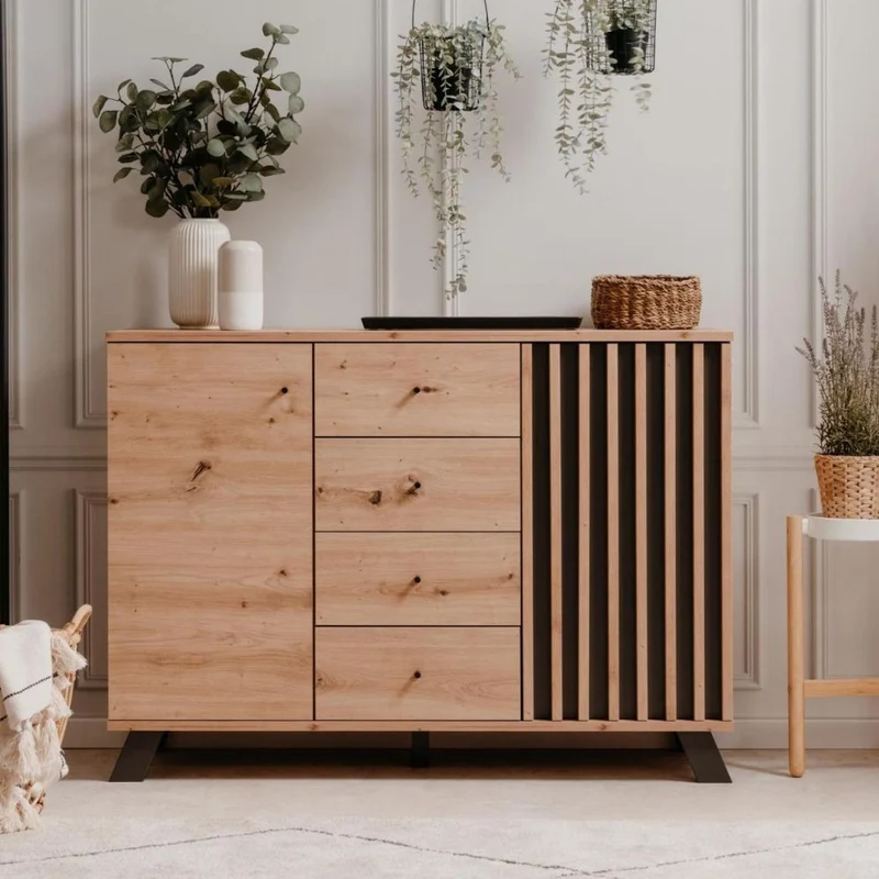 Madia 118 cm in legno con 2 ante e 4 cassetti colore rovere e antracite - Medan