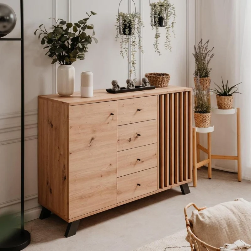 Madia 118 cm in legno con 2 ante e 4 cassetti colore rovere e antracite - Medan