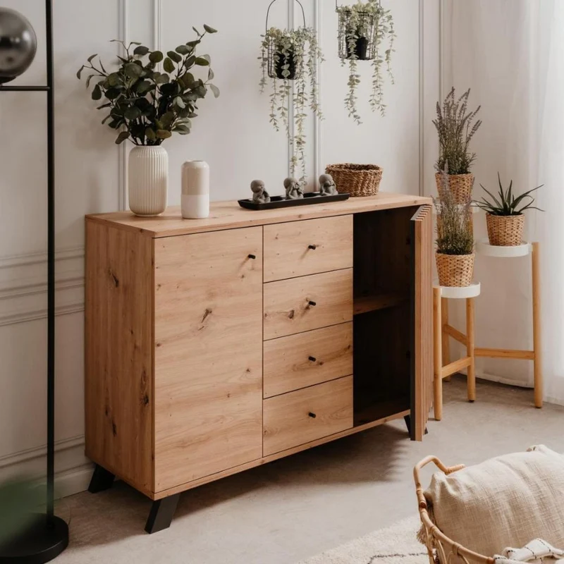 Madia 118 cm in legno con 2 ante e 4 cassetti colore rovere e antracite - Medan
