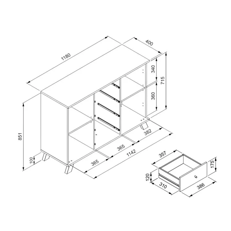 Madia 118 cm in legno con 2 ante e 4 cassetti colore rovere e antracite - Medan