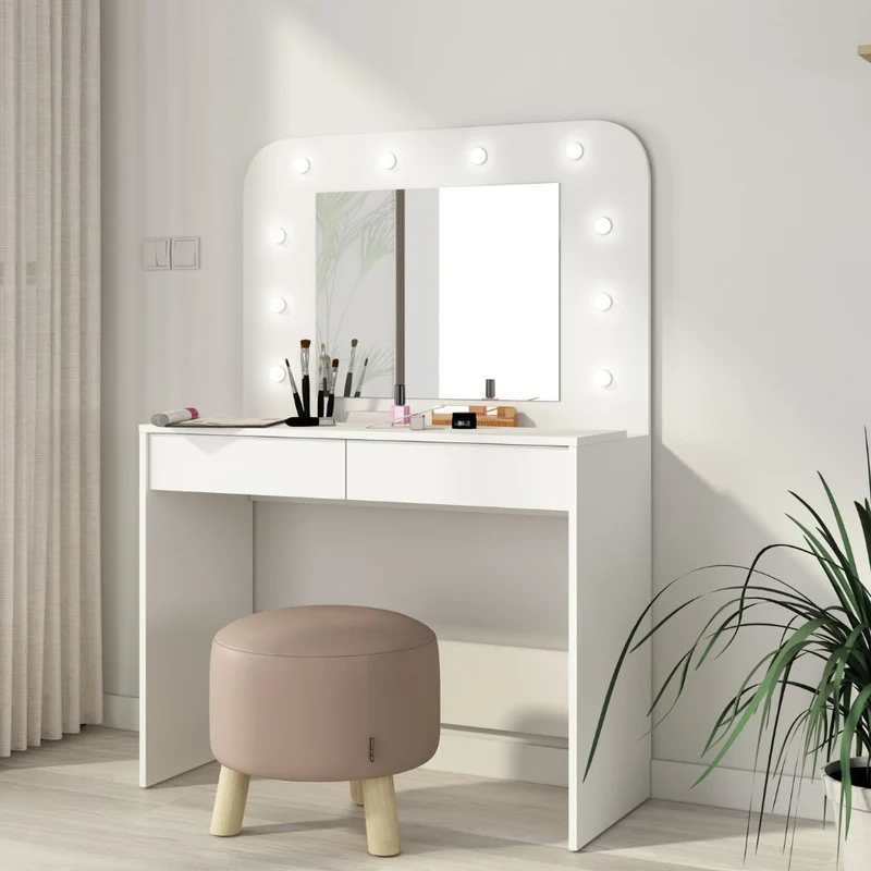 Toeletta con specchio luci e cassetti colore bianco 100x142H cm - Diva