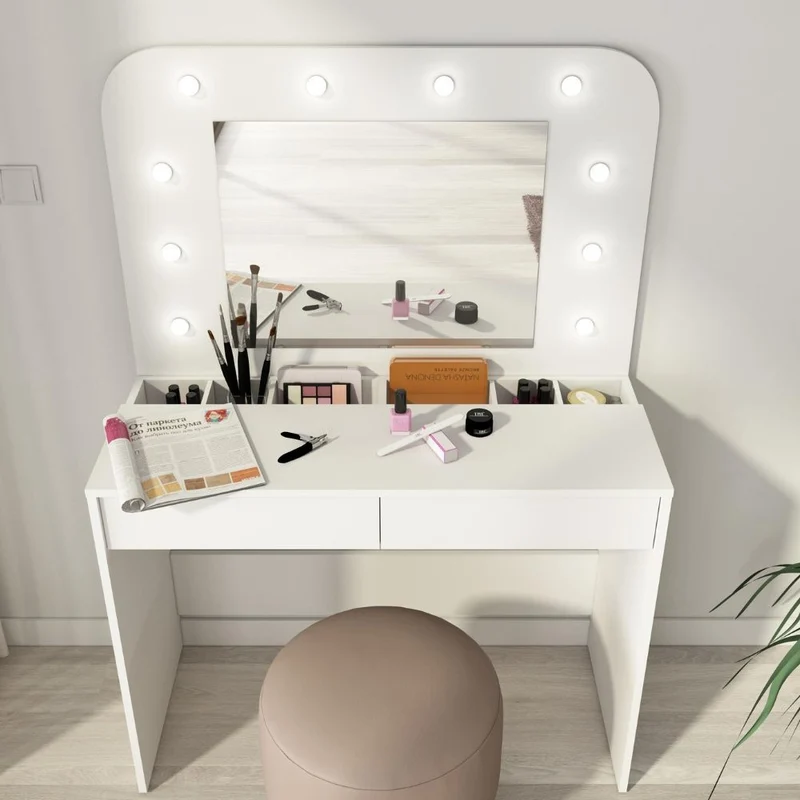 Toeletta con specchio luci e cassetti colore bianco 100x142H cm - Diva