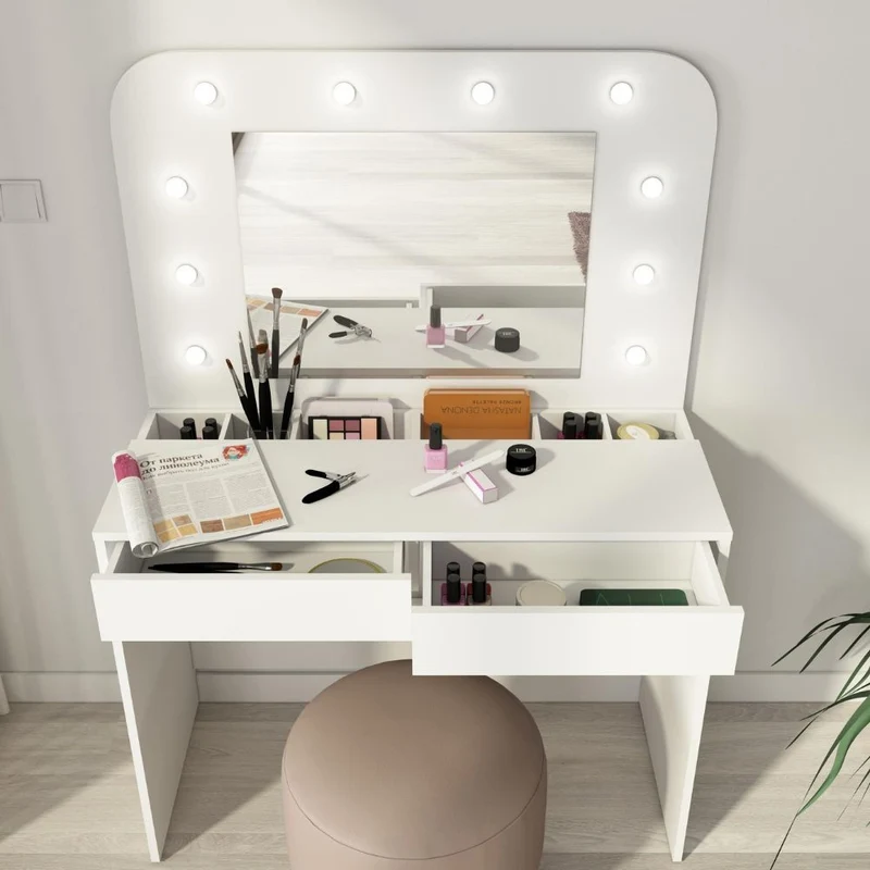 Toeletta con specchio luci e cassetti colore bianco 100x142H cm - Diva