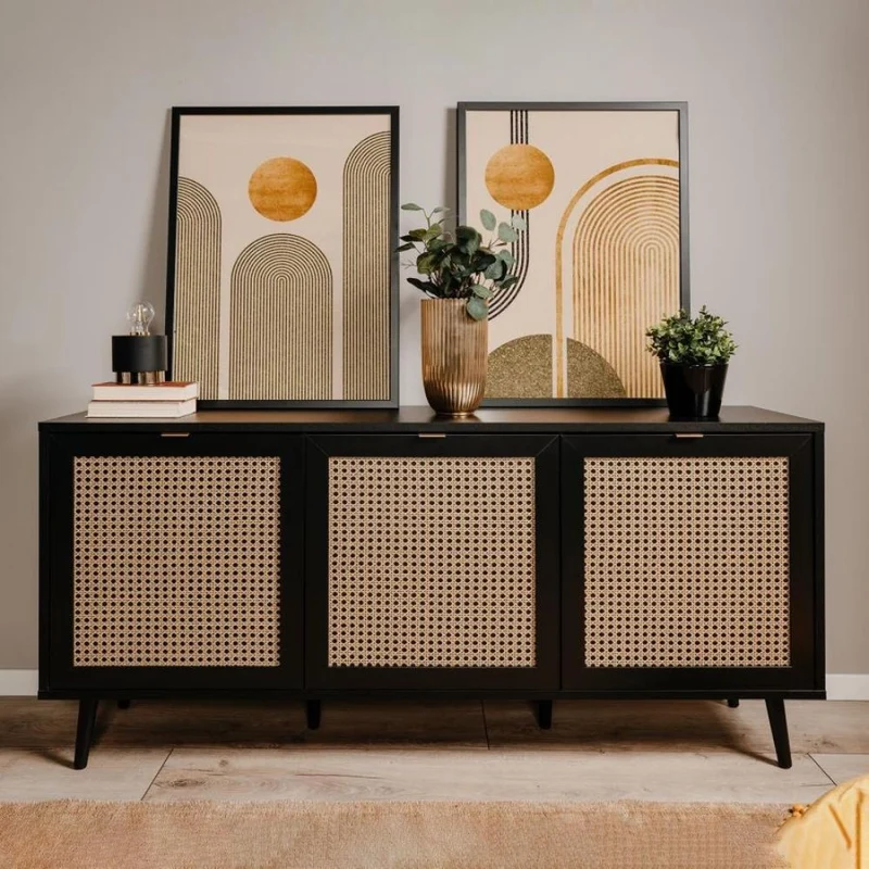 Madia 150 cm con 3 ante colore nera con frontali effetto vimini - Vienna51A