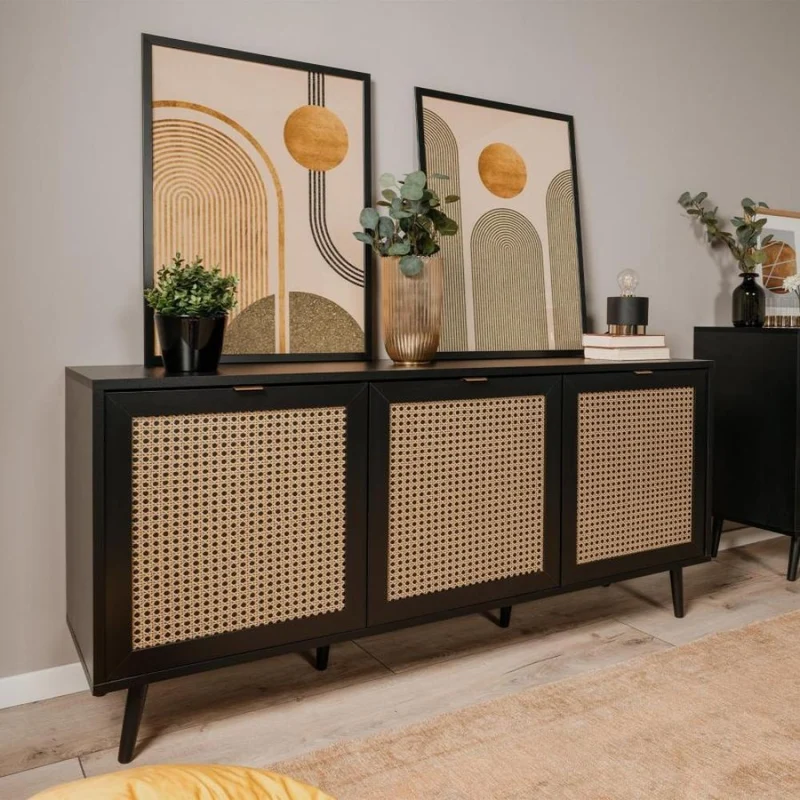 Madia 150 cm con 3 ante colore nera con frontali effetto vimini - Vienna51A