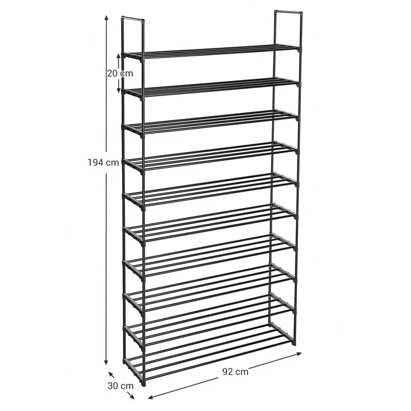 Étagère à chaussures à 10 niveaux étagère de rangement en métal capacité 50 paires de chaussures pour salon entrée couloir vestiaire 92 x 30 x 194 cm noir 12_0003565