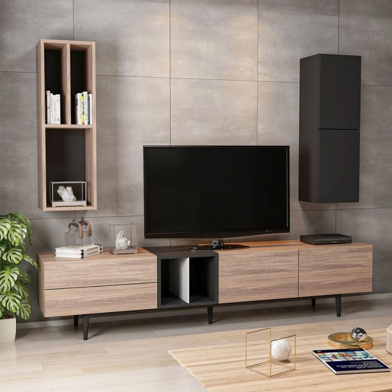 Parete attrezzata con ante e vani colore rovere e antracite 195 cm - Diany