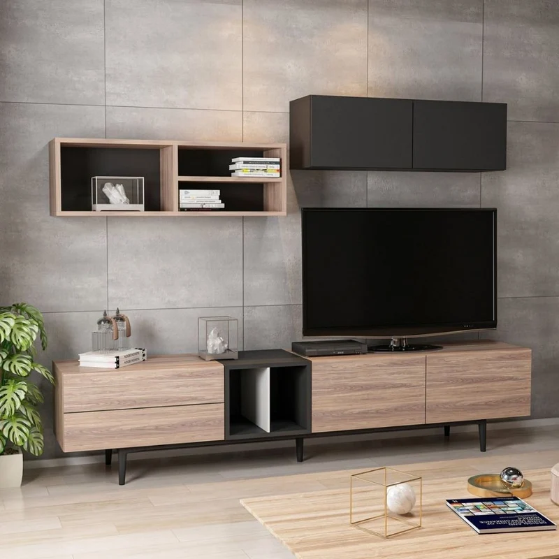 Parete attrezzata con ante e vani colore rovere e antracite 195 cm - Diany
