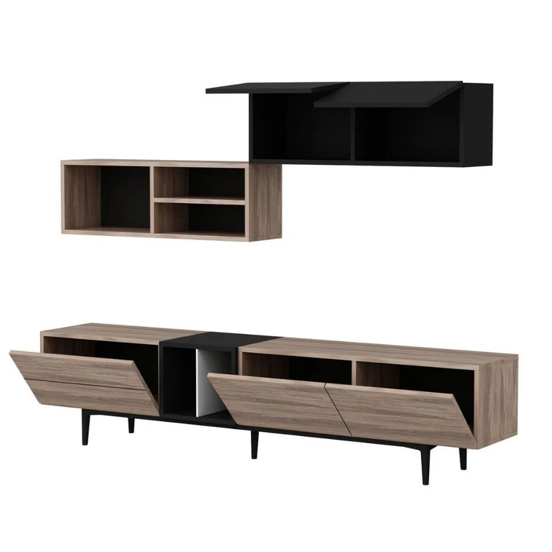 Parete attrezzata con ante e vani colore rovere e antracite 195 cm - Diany