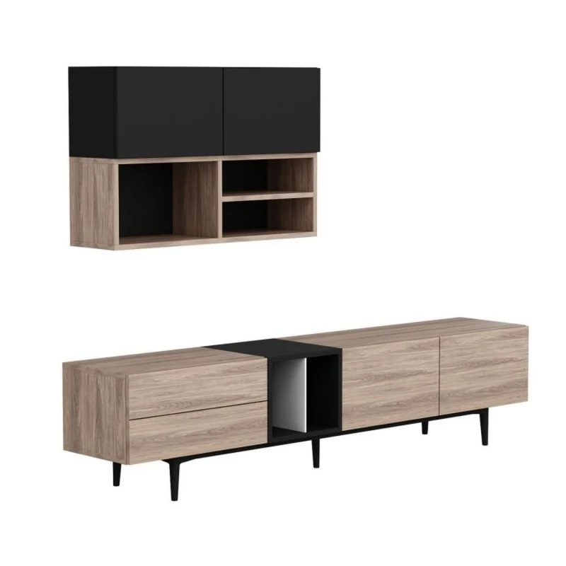Parete attrezzata con ante e vani colore rovere e antracite 195 cm - Diany