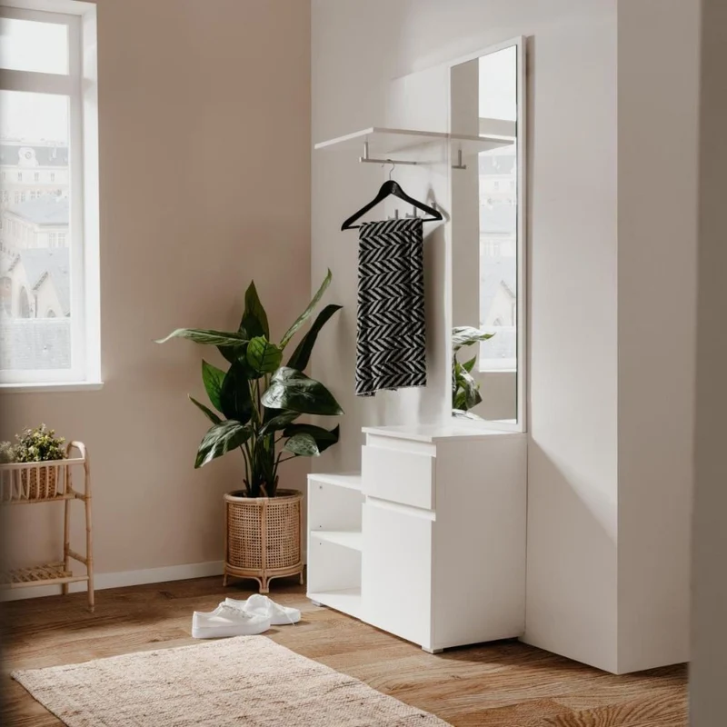 Mobile da ingresso 85x195h cm con specchio e appendiabiti colore bianco - Image