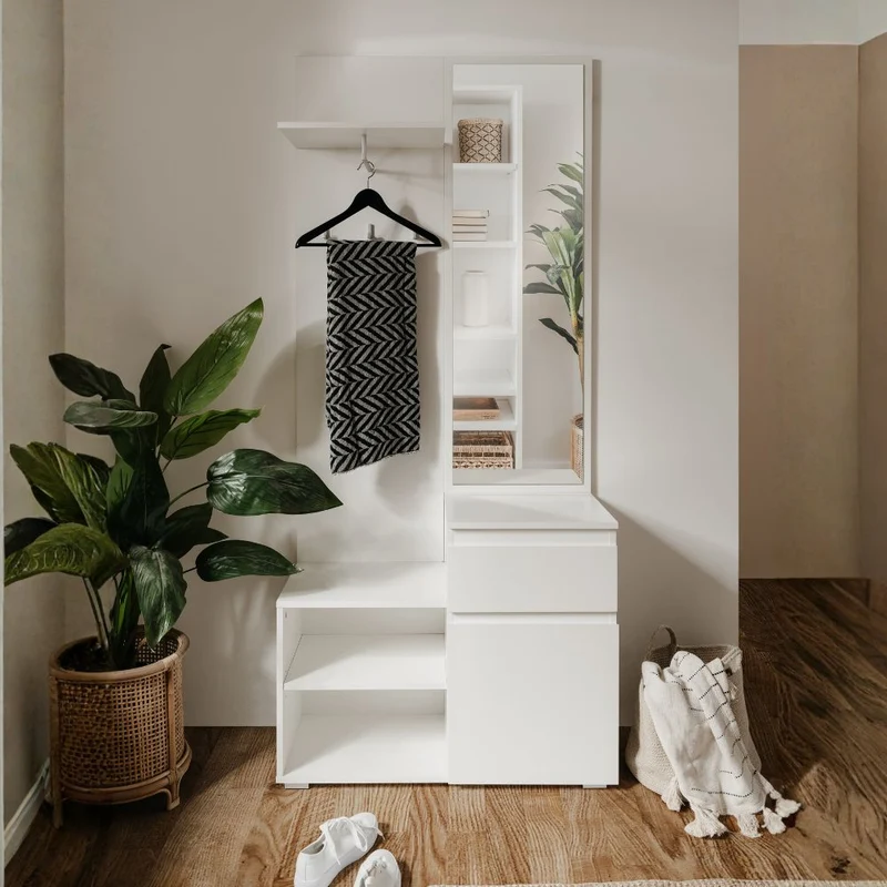 Mobile da ingresso 85x195h cm con specchio e appendiabiti colore bianco - Image