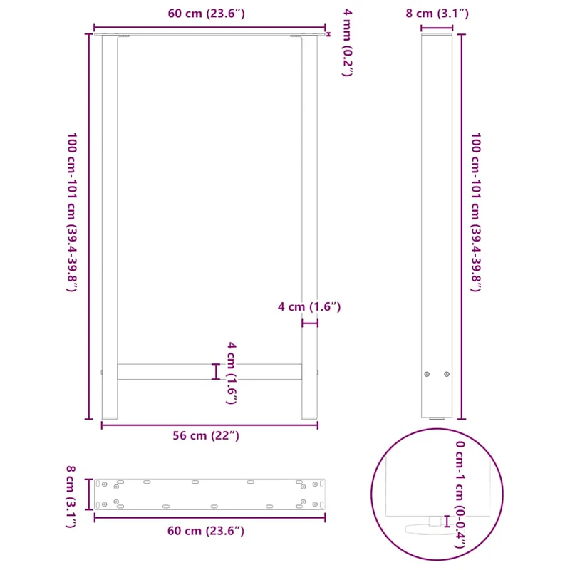 Lot de 2 pieds de table de bar modernes 60 x 100 cm avec nivelleurs réglables en acier thermolaqué noir 02_0057584