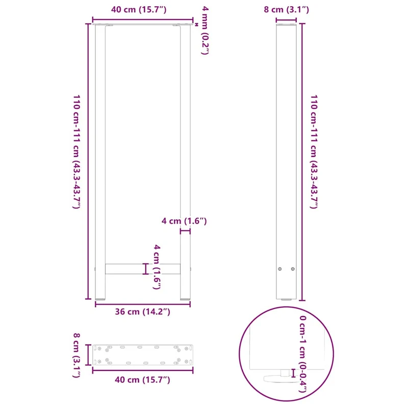 Lot de 2 pieds de table de bar ajustables 40 x 110-111 cm design moderne salle à manger en acier noir 02_0057588