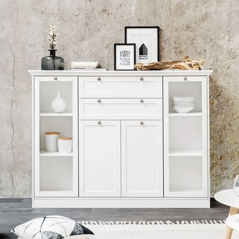 Credenza 160x120H cm con vetrina e cassetti colore bianca - Landwood