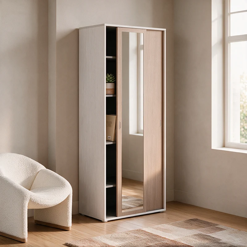 Armadio a due ante scorrevoli con specchio e ripiani colore bianco frassinato e olmo 90x212H cm