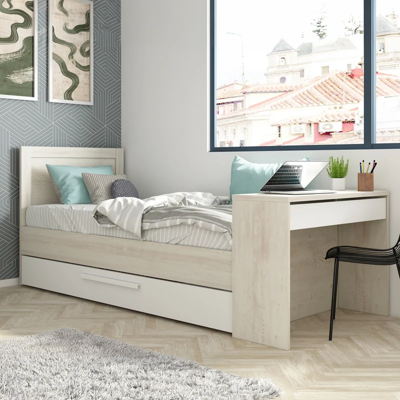 Letto singolo con scrivania integrata e letto estraibile colore bianco vintage e bianco