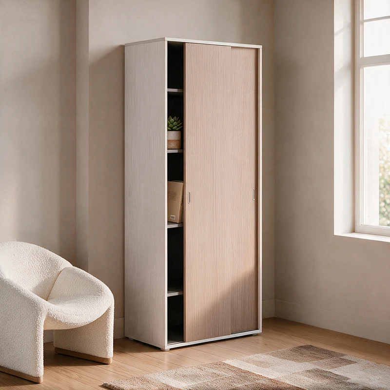 Armadio con due ante scorrevoli e ripiani colore bianco frassinato e olmo 90x212H cm