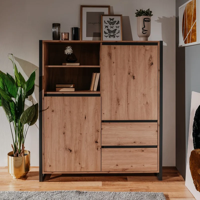 Credenza 120x140h cm con ante e cassetti colore quercia e antracite - Denver 51
