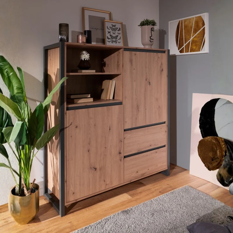 Credenza 120x140h cm con ante e cassetti colore quercia e antracite - Denver 51