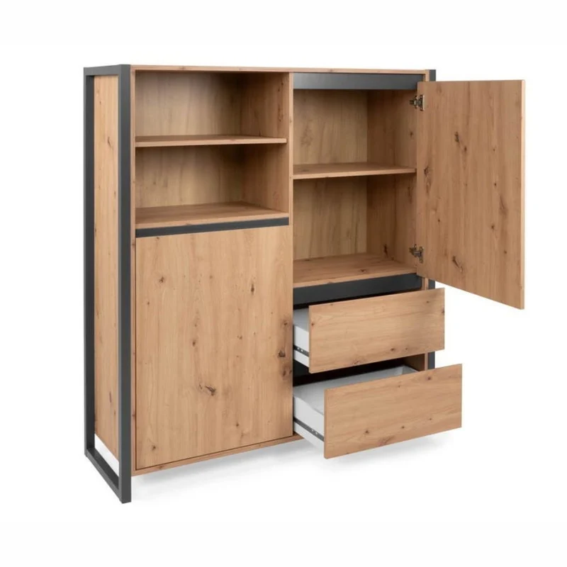 Credenza 120x140h cm con ante e cassetti colore quercia e antracite - Denver 51