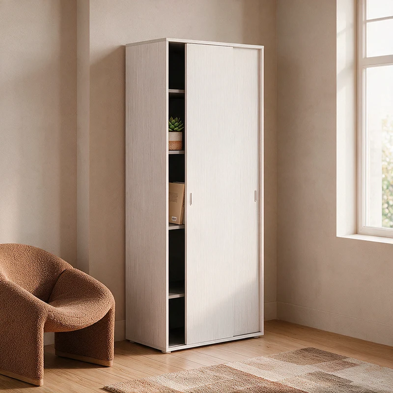 Armadio con due ante scorrevoli e ripiani colore bianco frassinato 90x212H cm