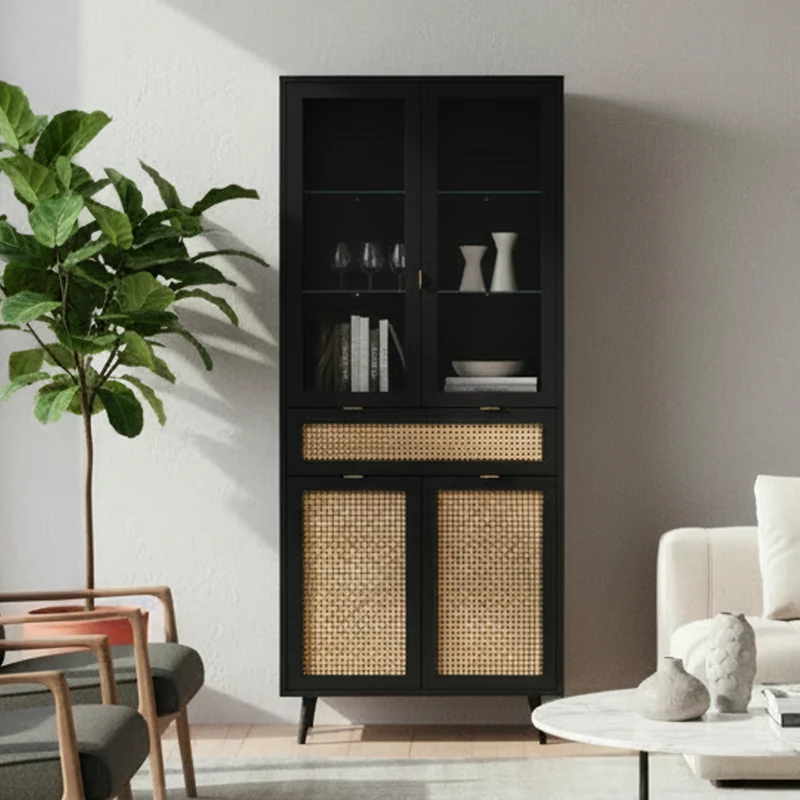 Vetrina 80x195h cm con 4 ante e cassetto colore nera con frontali effetto vimini - Vienna52A