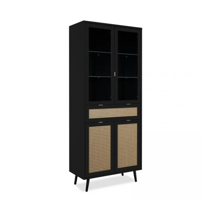 Vetrina 80x195h cm con 4 ante e cassetto colore nera con frontali effetto vimini - Vienna52A