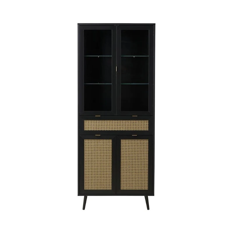 Vetrina 80x195h cm con 4 ante e cassetto colore nera con frontali effetto vimini - Vienna52A
