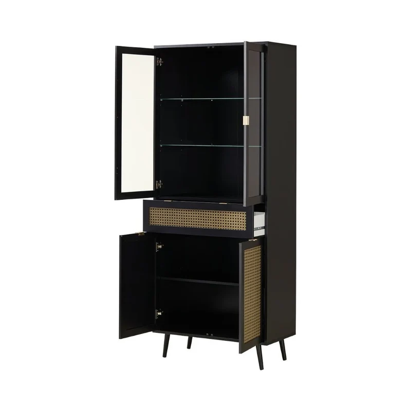 Vetrina 80x195h cm con 4 ante e cassetto colore nera con frontali effetto vimini - Vienna52A