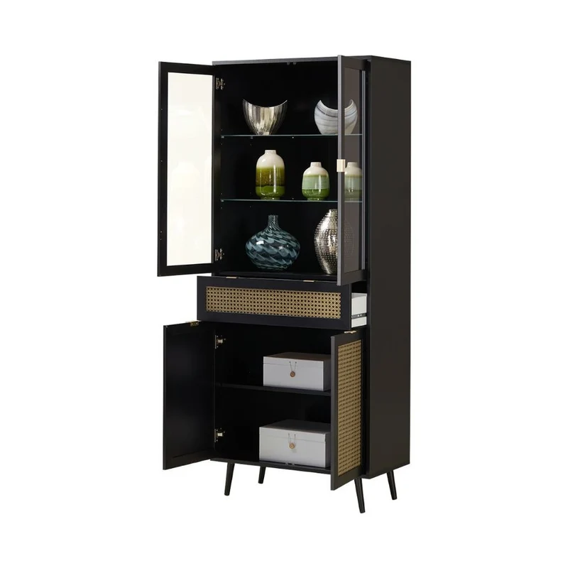 Vetrina 80x195h cm con 4 ante e cassetto colore nera con frontali effetto vimini - Vienna52A