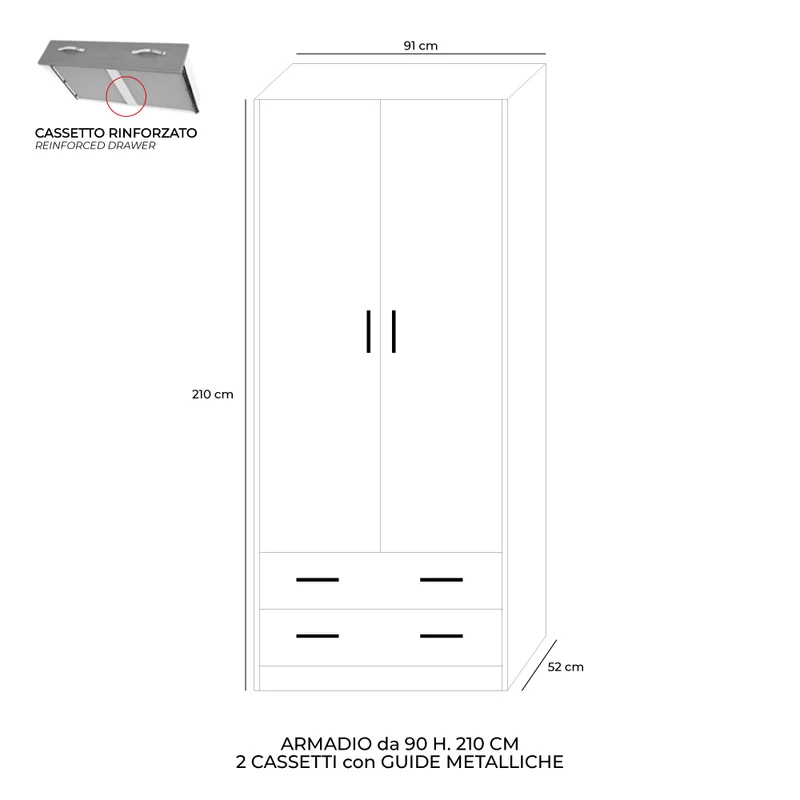 Armadio con 2 ante e 2 cassetti colore olmo 91x210H cm
