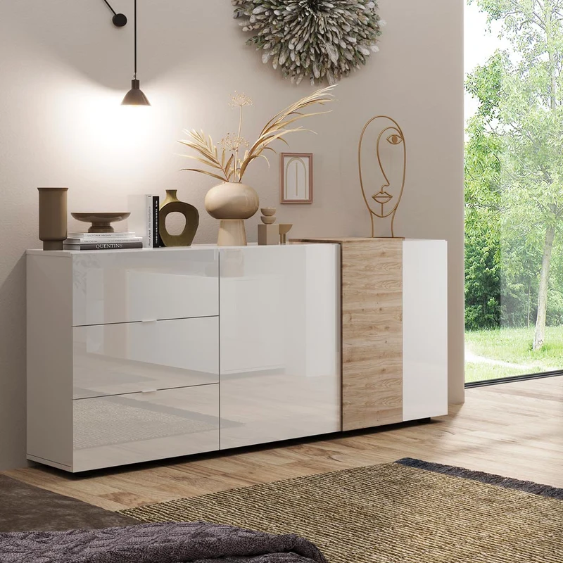 Madia con 2 ante e 3 cassetti 181 cm colore bianco e rovere - Sabry