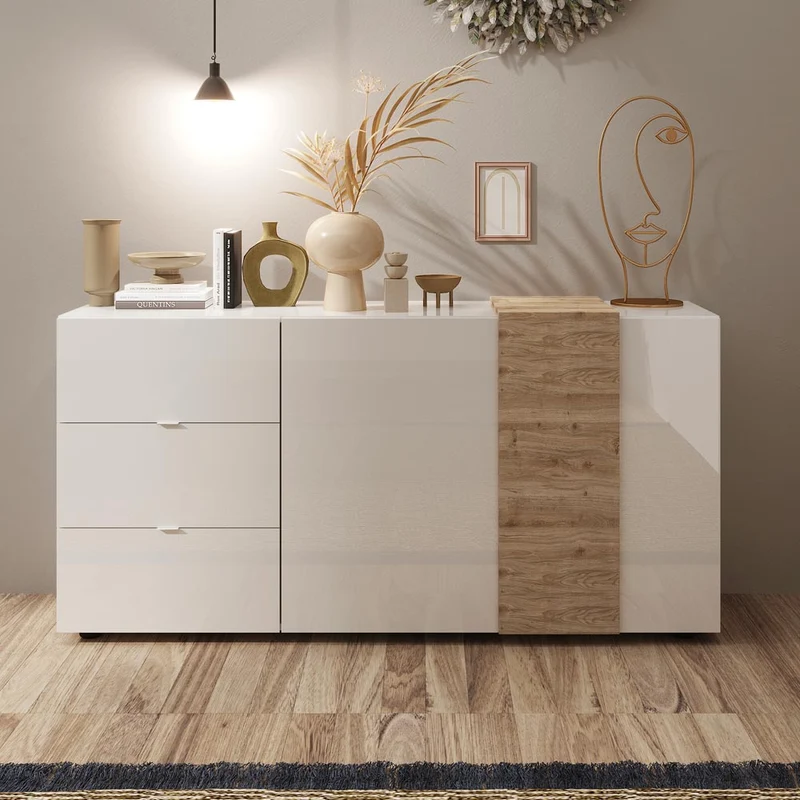 Madia con 2 ante e 3 cassetti 181 cm colore bianco e rovere - Sabry