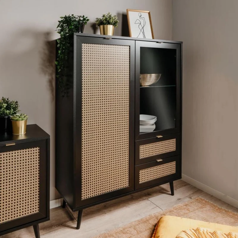 Vetrina 101,4x139h cm con 2 ante e 2 cassetti colore nera con frontali effetto vimini - Vienna53A