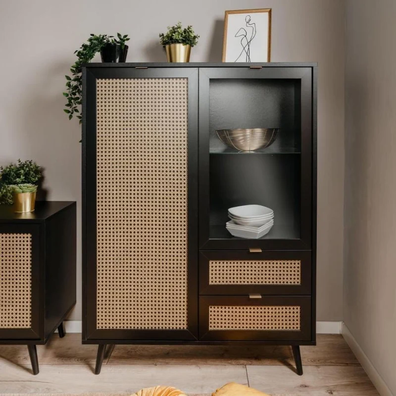 Vetrina 101,4x139h cm con 2 ante e 2 cassetti colore nera con frontali effetto vimini - Vienna53A