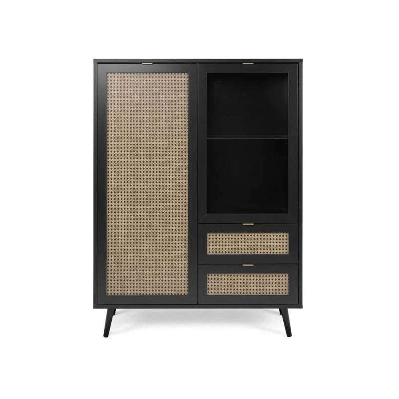 Vetrina 101,4x139h cm con 2 ante e 2 cassetti colore nera con frontali effetto vimini - Vienna53A